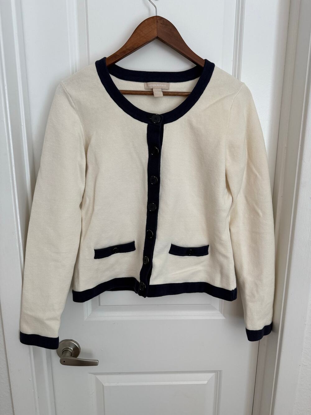 Banana Republic Ivory Cream Navy Blue Chanel Vibe Cardigan